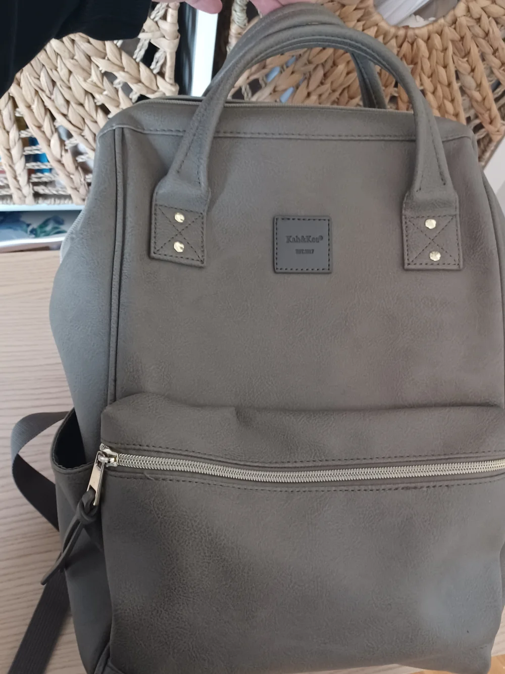 Gray Taupe Faux Leather Vegan Backpack with Front Zip Pocket - Picture 2 of 5